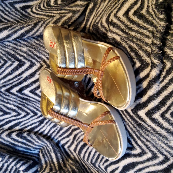 Canvas wedge heel sandals Brown leather rhinestone detail - Picture 1 of 6